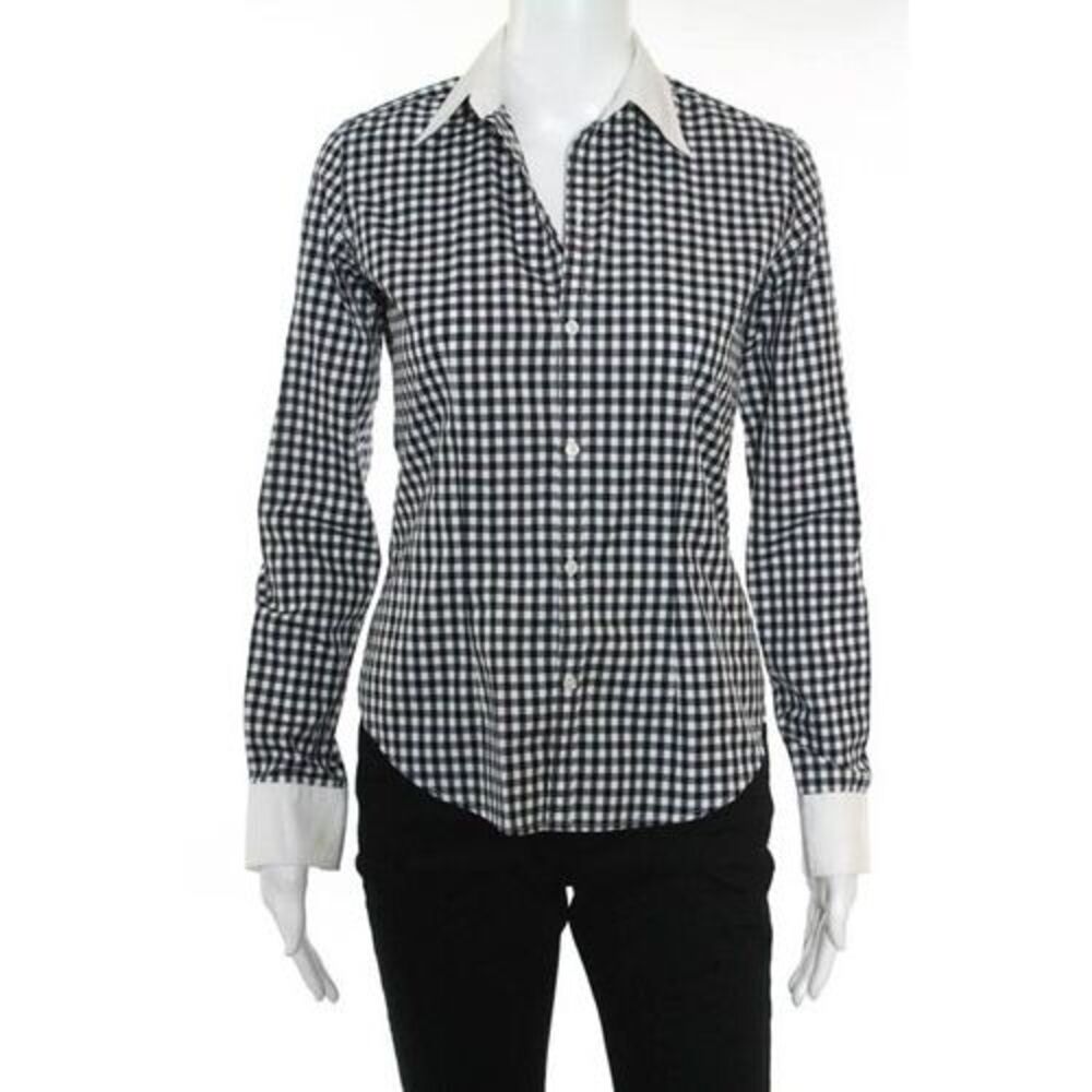 Ralph Lauren Black White Cotton Plaid Long Sleeve Button Down Blouse Size 2